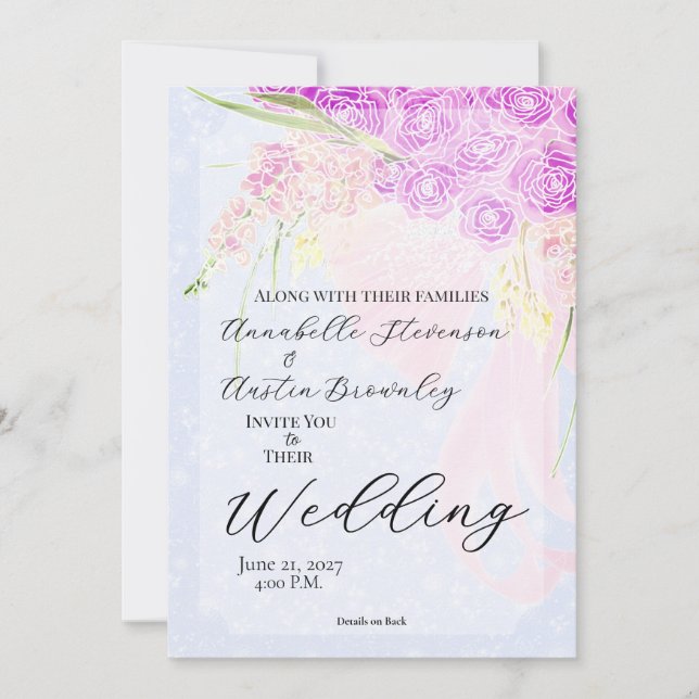 Invitation Dans le Bleu - Bouquet à ruban transparent rose do (Devant)