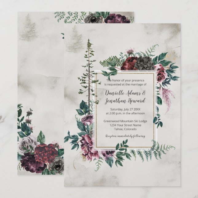 Invitation Dans le Mariage floral rustique sauvage de Bourgog (Devant / Derrière)