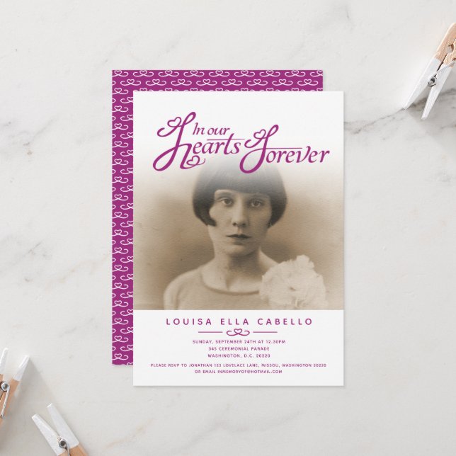 Invitation Dans nos coeurs photo funérailles blanc mauve viol (Devant/Arrière en situation)