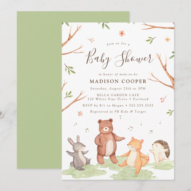 Invitation Danse Baby shower des animaux de bois (Devant / Derrière)