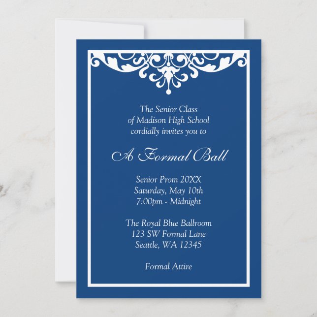 Invitation Danse de Bal Formel Royal Bleu Fleurie (Devant)