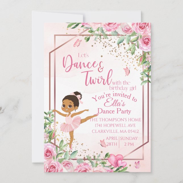 Invitation Danse de ballerine rose aquarelle anniversaire  (Devant)