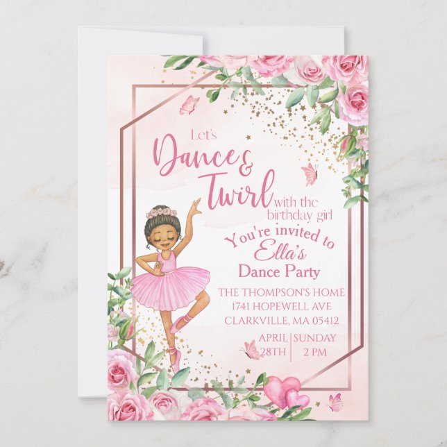 Invitation Danse de ballerine rose aquarelle anniversaire  (Devant)