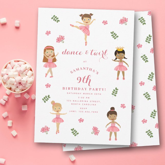 Invitation Danse de ballet & Twirl Ballerina rose Anniversair (Ballet Dance & Twirl Pink Ballerina Birthday Invitation)