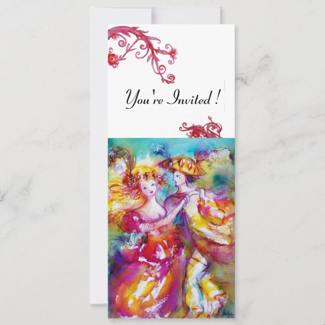Invitation DANSE DE CARNAVAL bleu vibrant rouge floraison bla (Devant)