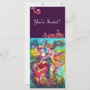 Invitation DANSE DE CARNAVAL , fioritures vibrantes rose bleu
