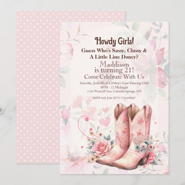 Invitation Danse de ligne pour l'anniversaire de la cowgirl (Devant / Derrière)