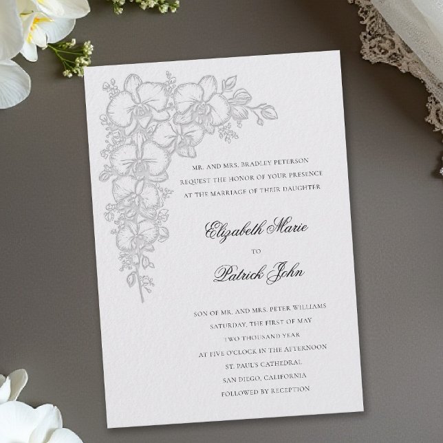 Invitation Danse d'Orchidée Formel Traditionnel Mariage Ivoir (orchid wedding invitation ivory formal dance modern classic traditional black tie parents hosting)