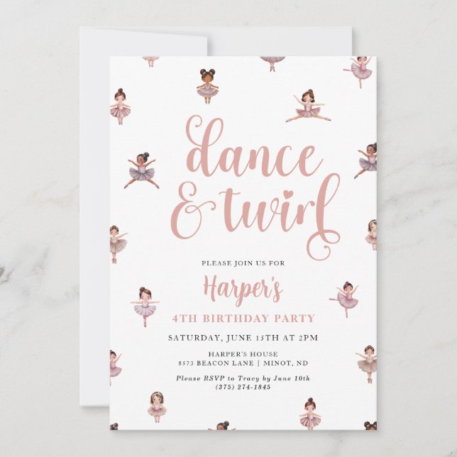 Invitation Danse Et Twirl Ballerina Anniversaire (Devant)