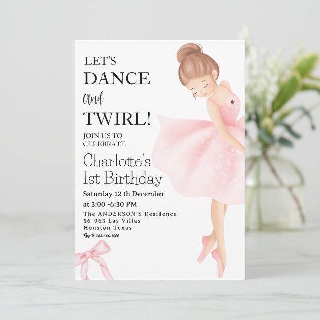 Invitation DANSE ET TWIRL Ballerina Girl 1er anniversaire (Debout devant)