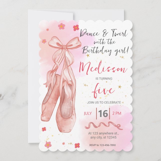 Invitation Danse et Twirl Rose fille Editable Ballerina Party (Devant)