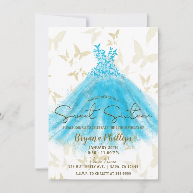 Invitation Danse papillon Aqua Robe Bleue Or Sweet 16 (Devant)
