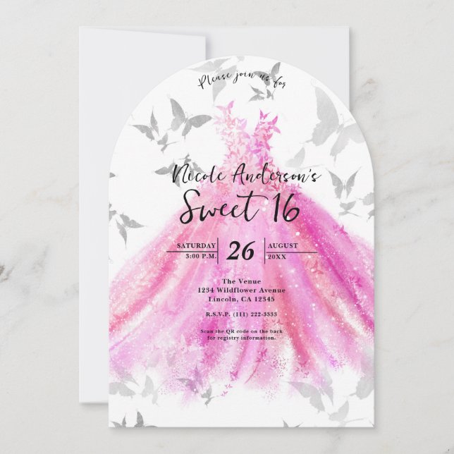Invitation Danse Papillon Argent Rose Fête des 16 ans (Devant)