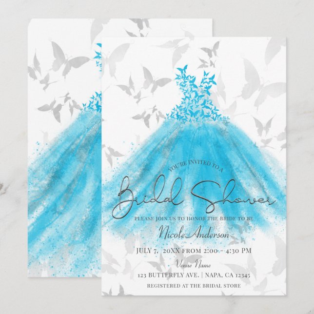 Invitation Danse Papillon Robe Aqua Bleu Shower de Mariée (Devant / Derrière)