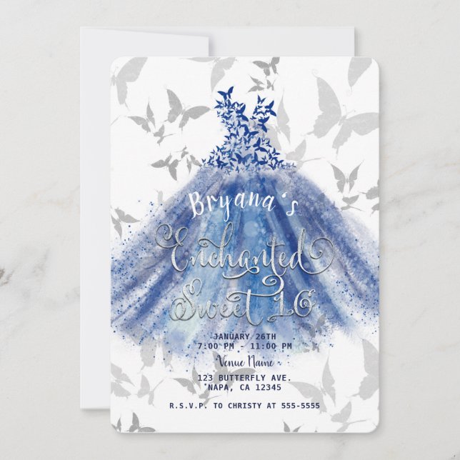 Invitation Danse Papillon Robe Bleue Argent Douze Ans (Devant)