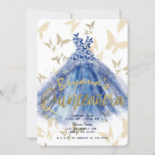 Invitation Danse papillon Robe bleue Or Quinceañera 15
