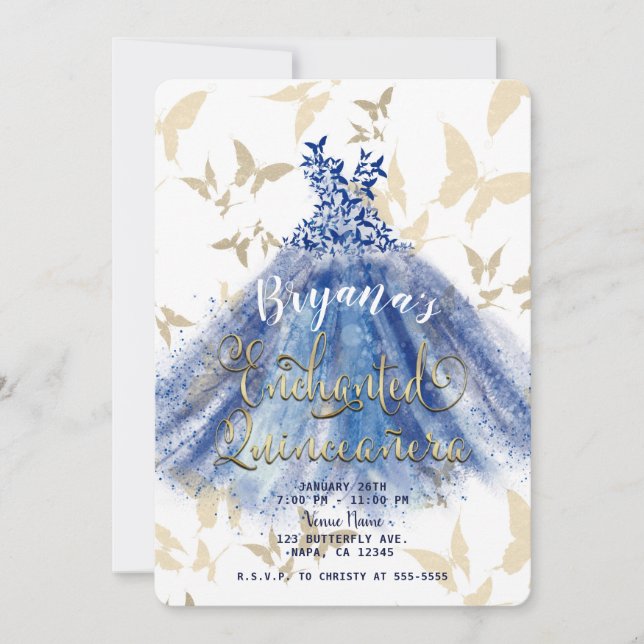 Invitation Danse Papillon Robe Bleue & Or Quinceañera 15 (Devant)