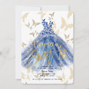 Invitation Danse Papillon Robe Bleue Or Sweet 16