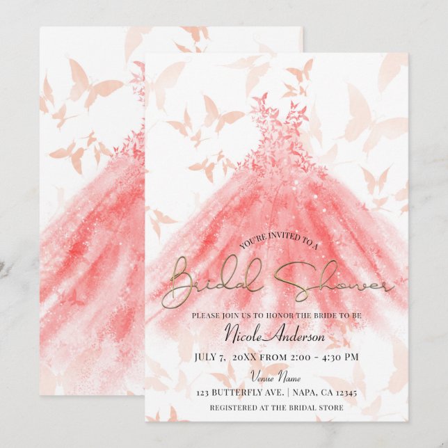 Invitation Danse Papillon Robe Corail Orenterrement Mariage (Devant / Derrière)