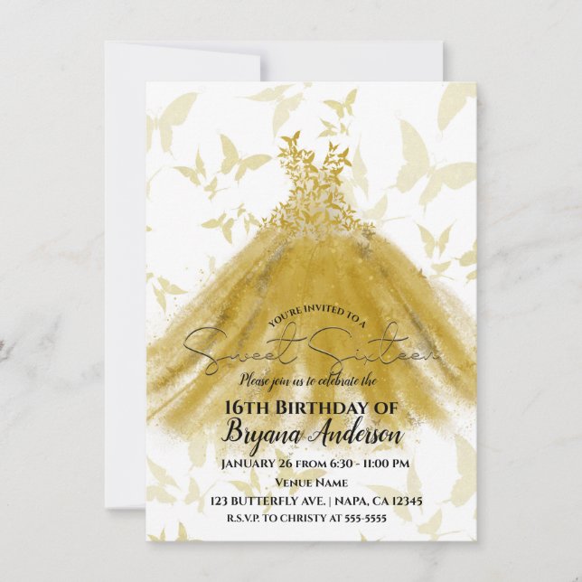 Invitation Danse Papillon Robe Jaune Or Doré Douce 16 Ans (Devant)