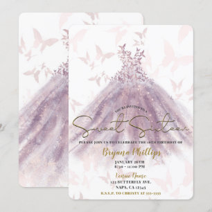 Invitation Danse Papillon Robe Mauve Pailletée Or Douce 16