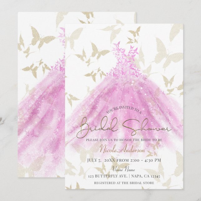 Invitation Danse Papillon Robe Rose Or Mariage Cérémonie de F (Devant / Derrière)