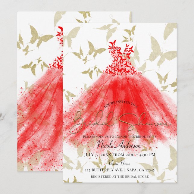 Invitation Danse Papillon Robe Rouge Or Fête de Mariage (Devant / Derrière)