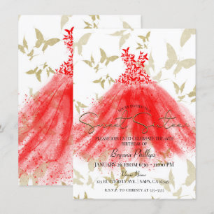 Invitation Danse Papillon Robe Rouge Or Fête Douce 16 Ans