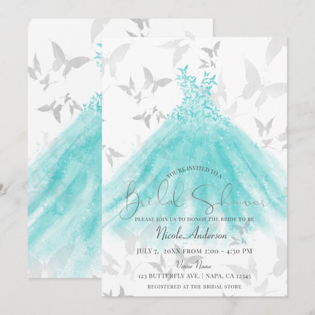 Invitation Danse Papillon Robe Turquoise Réception de Mariage (Devant / Derrière)