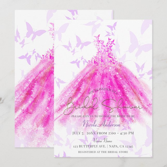 Invitation Danse Papillon Robe Violette et Rose pour Baby Sho (Devant / Derrière)