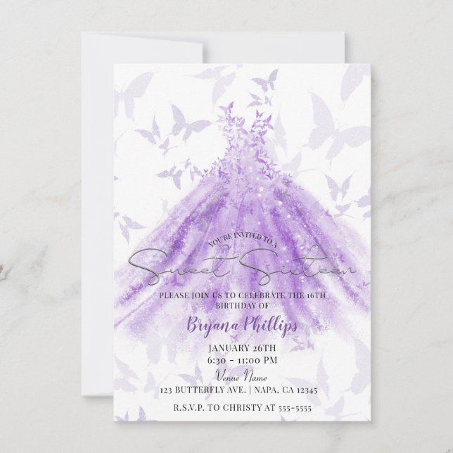Invitation Danse Papillon Robe Violette Fête Sweet 16 (Devant)