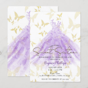 Invitation Danse Papillon Robe Violette Or Fête Douce 16