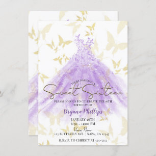 Invitation Danse papillon Robe violette Or Sweet 16 Partie
