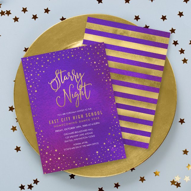 Invitation Danse Scolaire Nuit Étoilée Violet Or Faux (Créateur téléchargé)