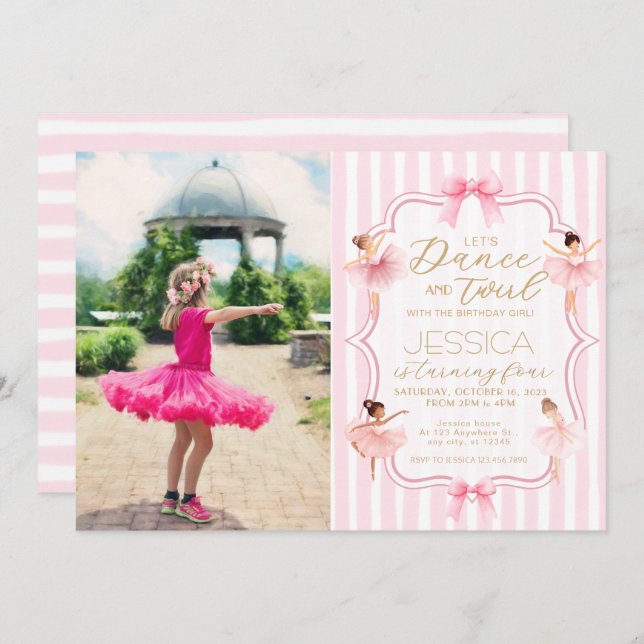 Invitation Danse & Twirl Pink Ballerina Photo Anniversaire (Devant / Derrière)