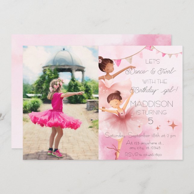 Invitation Danse & Twirl Pink Ballerina Photo Anniversaire (Devant / Derrière)