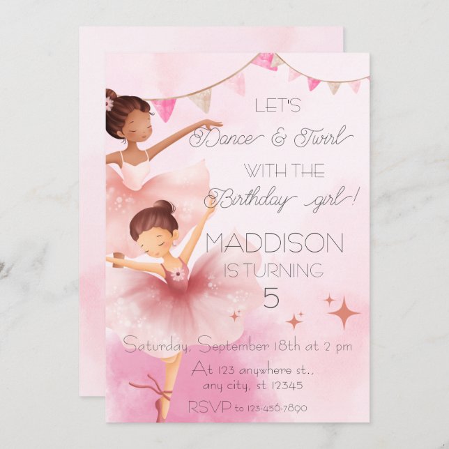 Invitation Danse & Twirl Rose Ballerina Ballet Anniversaire (Devant / Derrière)