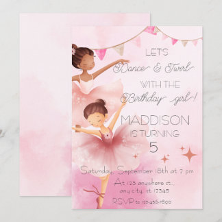 Invitation Danse & Twirl Rose Ballerina Ballet Anniversaire