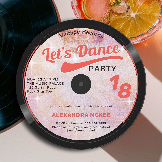 Invitation Danse Vintage Super Disco Ball 18e anniversaire (18th birthday dance party music theme invitation vinyl record disco ball groovy pink blush fun cool)