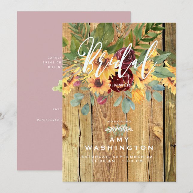 Invitation Danser Rustique Tournesols Dusty Fête des mariées  (Devant / Derrière)