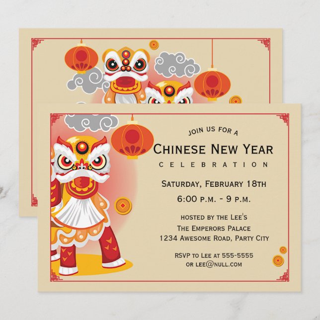 Invitation Danseur du lion du Nouvel An chinois (Devant / Derrière)