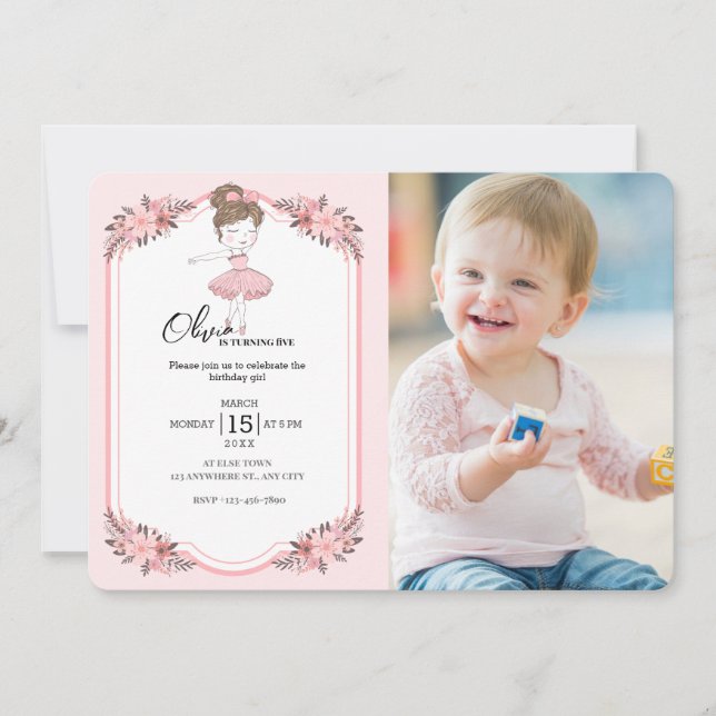 Invitation Danseuse élégante |Fille rose florale fête d'anniv (Devant)