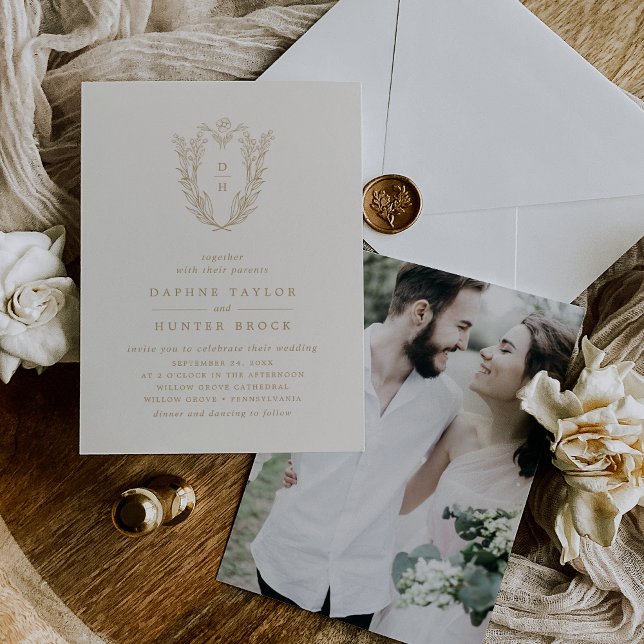 Invitation DAPHNE Classic Cream Gold Mariage photo officiel (DAPHNE Classic Cream Gold Formal Photo Wedding Invitation)