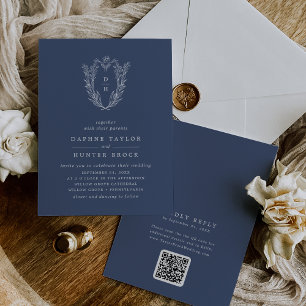 Invitation DAPHNE QR Code Bleu foncé Minimal Mariage simple