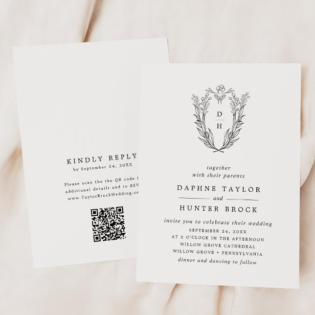 Invitation DAPHNE QR Code Noir Blanc Monogramme Simple Mariag (DAPHNE QR Code Black White Monogram Simple Wedding Invitation)