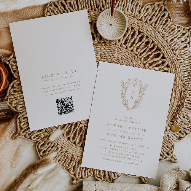 Invitation DAPHNE QR Code Or Blanc Floral Classy Mariage (DAPHNE QR Code Gold White Floral Classy Wedding Invitation)