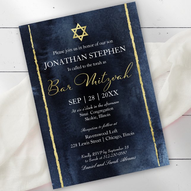 Invitation d'aquarelle Bar Mitzvah | Bleu Abstrait (Créateur téléchargé)