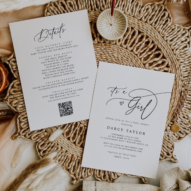 Invitation DARCY Classic Black White C'est un Baby shower fém (DARCY Classic Black White It's A Girl Baby Shower Invitation)