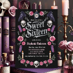 Invitation Dark Academia Gothique Argent Floral Sweet 16<br><div class="desc">Invitation vos invités à une fête de Sweet sixteen d'une beauté effrénée avec cette sombres invitation inspirée du monde académique. Le design gothique présente une typographie argentée frappante sur fond noir profond, accentuée de clés anciennes et de mystérieux corbeaux. Cette invitation unique crée l'ambiance idéale pour une soirée mémorable et...</div>