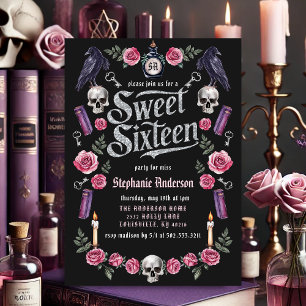 Invitation Dark Academia Gothique Argent Floral Sweet 16